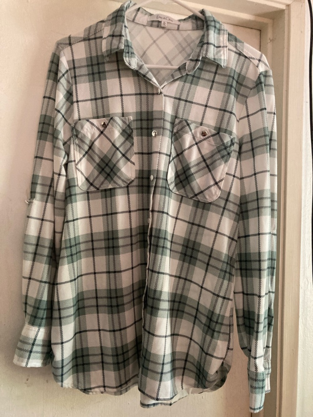 Eden & Olivia Light Green and White Plaid Button-Down Shirt